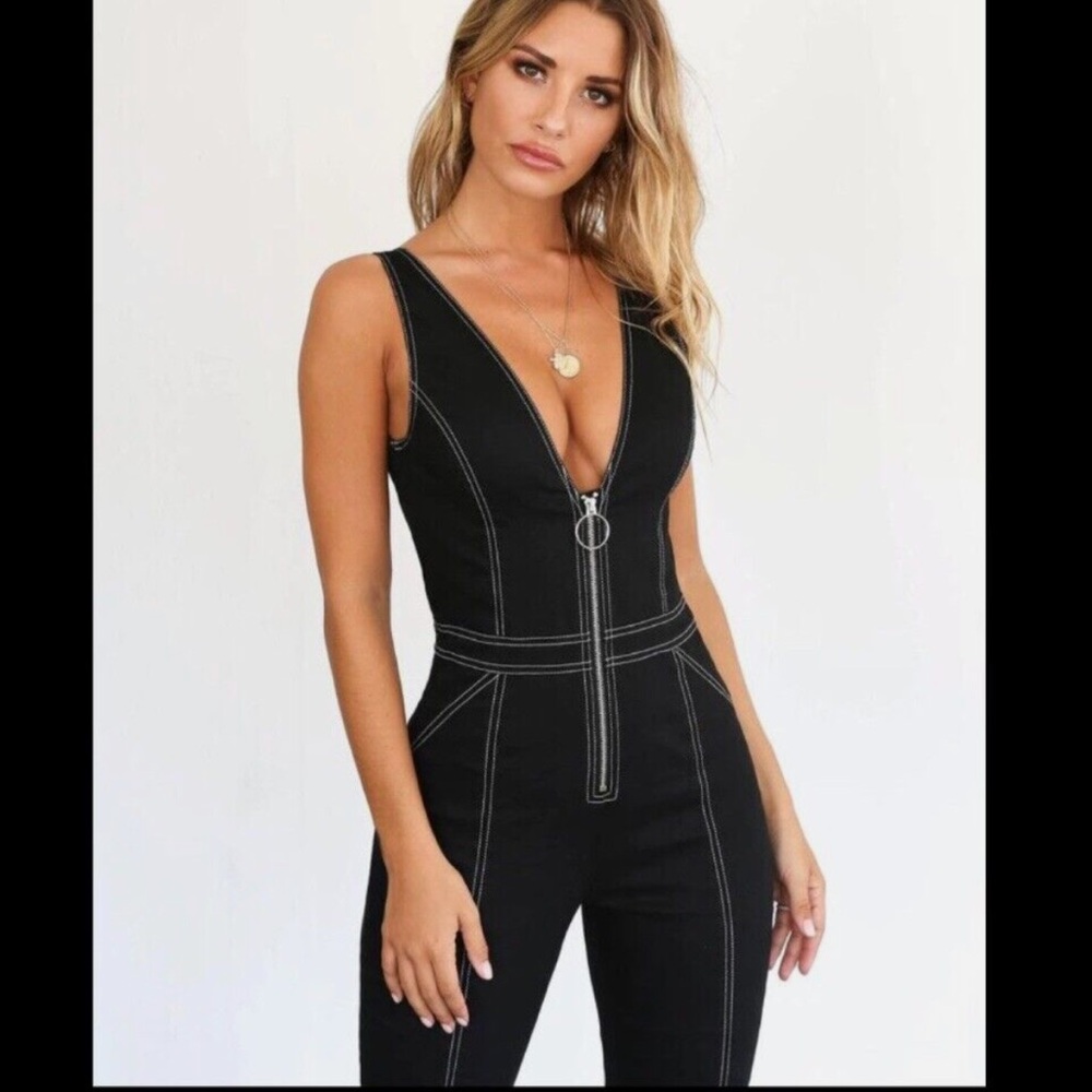 TIGER MIST - Ava Zip-Front Denim Jumpsuit, black, Tank, v neck, Jean, size small